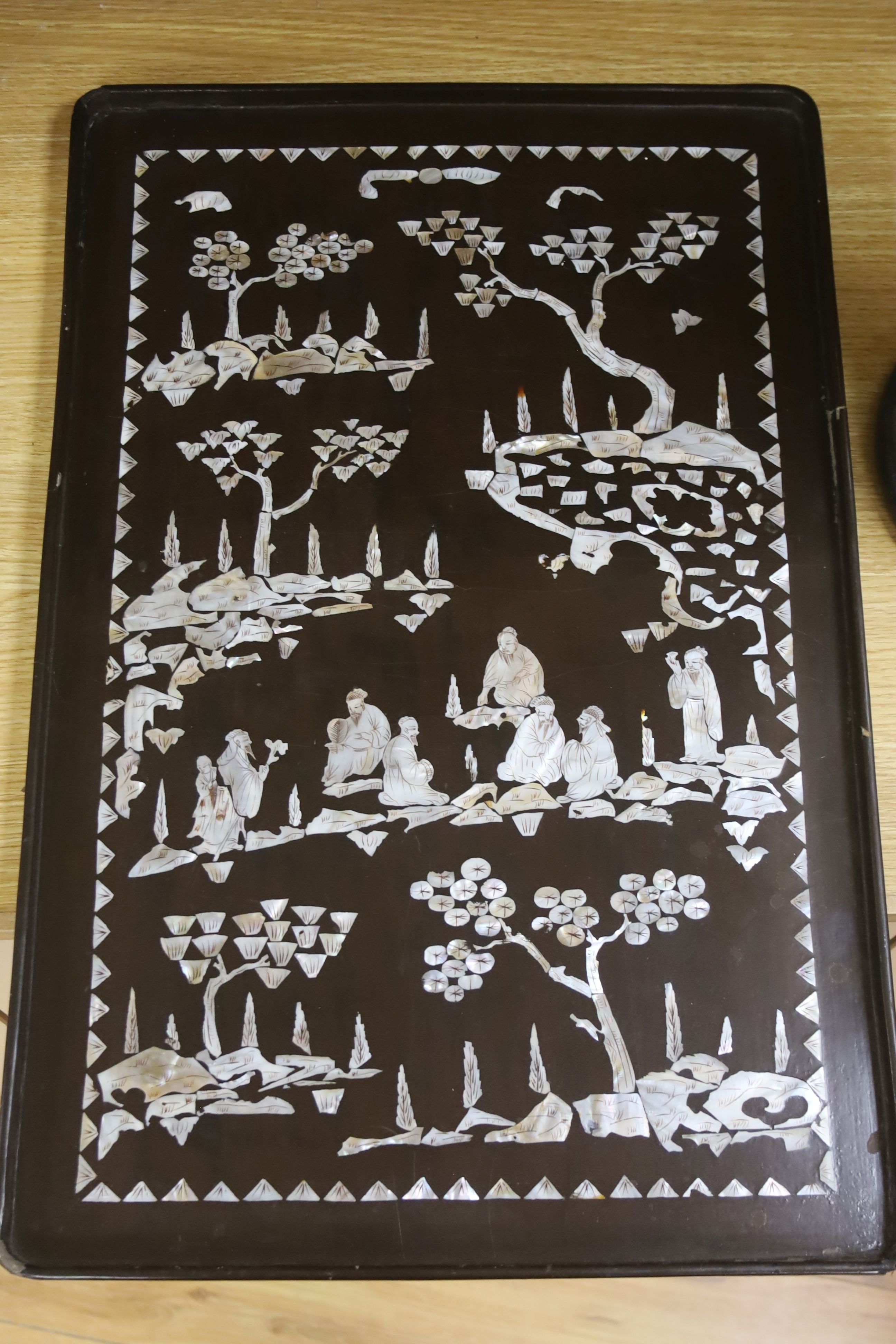 A Chinese mother of pearl inlaid papier mache tray, 60 x 39cm